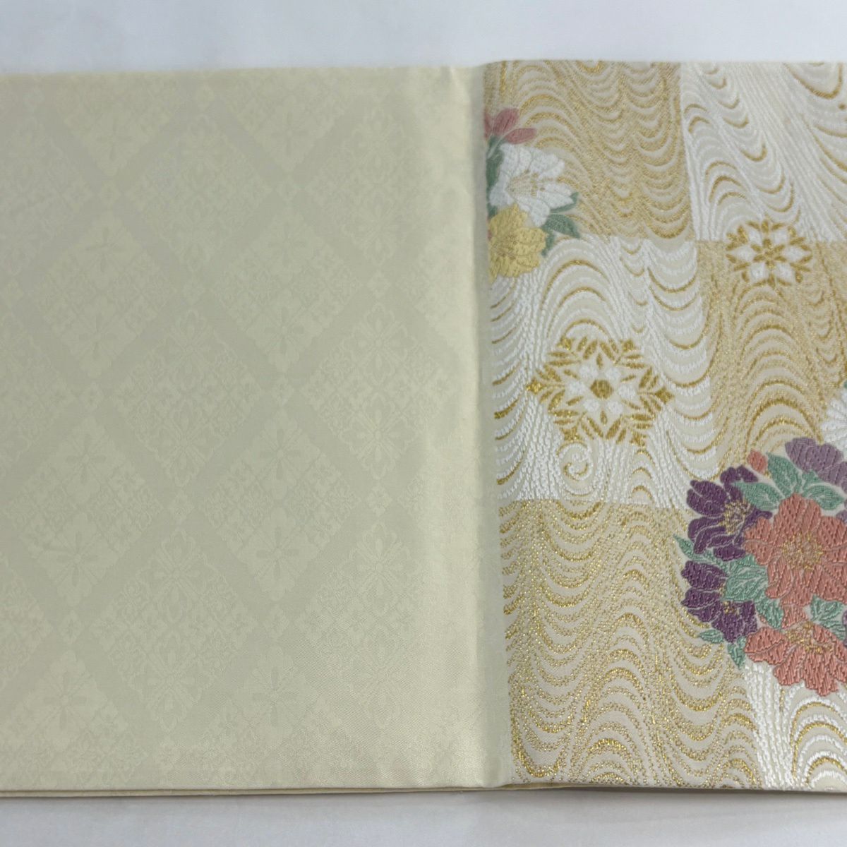 袋帶 名品級 花丸紋 華紋 刺繡 金絲 米色 六通 純蠶絲