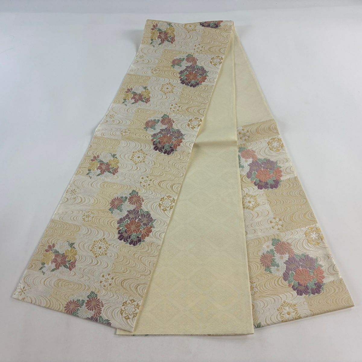 袋帶 名品級 花丸紋 華紋 刺繡 金絲 米色 六通 純蠶絲