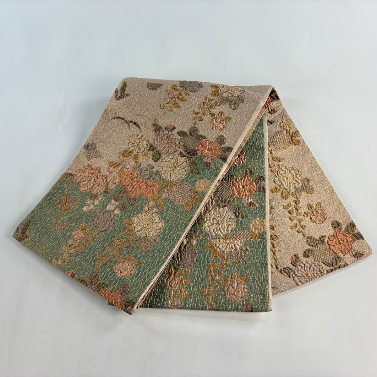 袋帶 名品級 桐 草花紋 金金箔 灰綠 お太鼓圖案 純蠶絲
