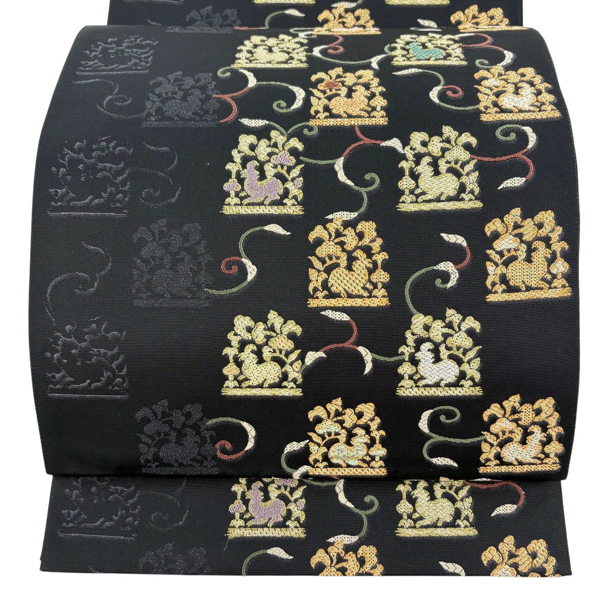 【美品】 袋帶 名品級 花兔 唐草紋 金絲 黑 六通 純蠶絲