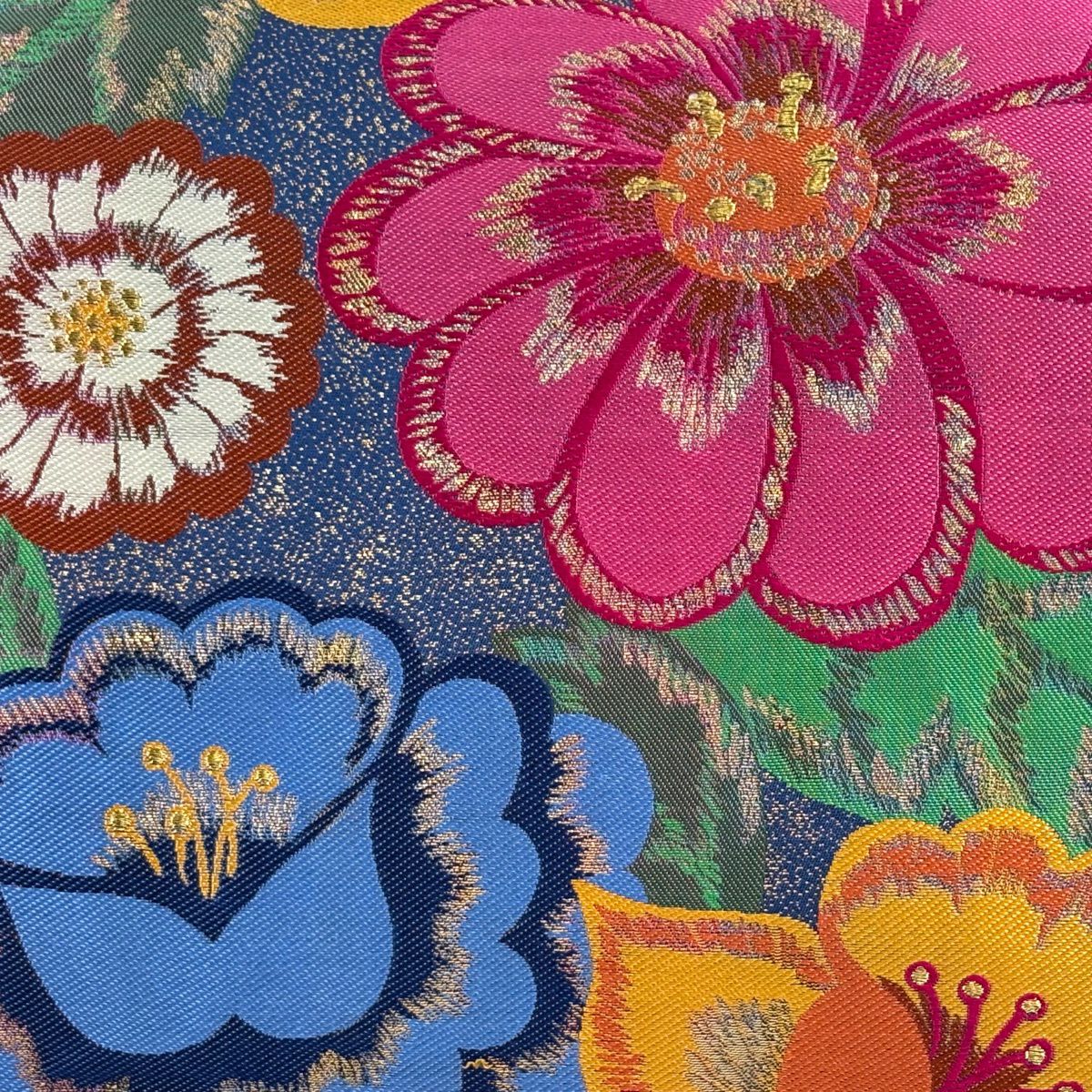 【美品】 袋帶 名品級 落款 MICHIKOLONDON 草花紋紋 縞紋 金絲 金金箔 藍色 六通 純蠶絲