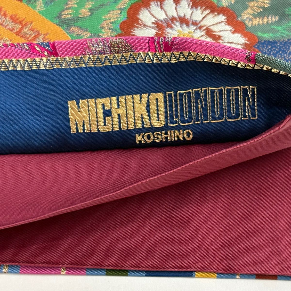 【美品】 袋帶 名品級 落款 MICHIKOLONDON 草花紋紋 縞紋 金絲 金金箔 藍色 六通 純蠶絲