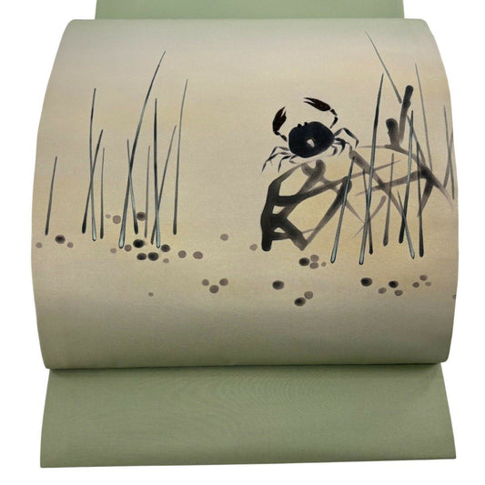 【美品】 開口名古屋帶 名品級 蟹 葉 漸層 灰綠 純蠶絲
