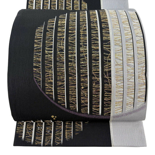 【美品】 袋帶 名品級 幾何學 細條 金絲 金金箔 黑色 大鼓圖案 純蠶絲