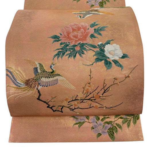 【美品】 袋帶 名品級 じゅらく 落款あり 証紙あり 四季花鳥圖 金絲 金金箔 粉紅 お太鼓柄 純蠶絲