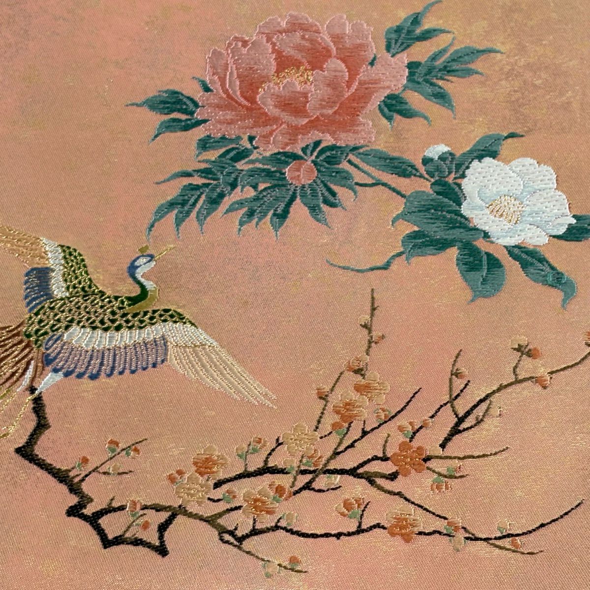 【美品】 袋帶 名品級 じゅらく 落款あり 証紙あり 四季花鳥圖 金絲 金金箔 粉紅 お太鼓柄 純蠶絲
