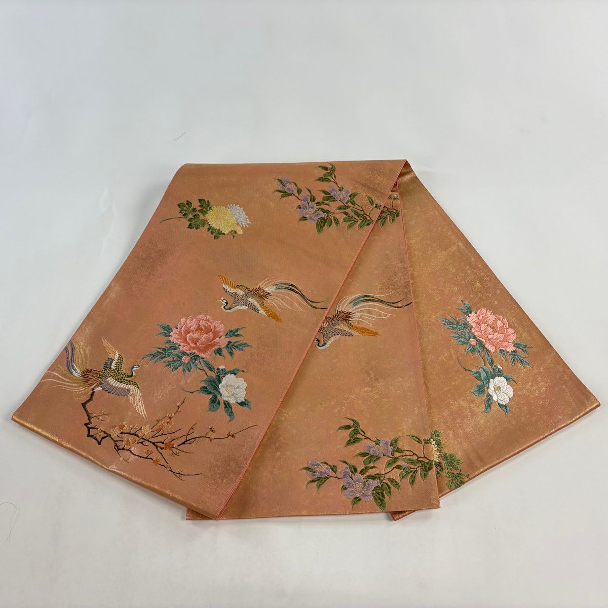 【美品】 袋帶 名品級 じゅらく 落款あり 証紙あり 四季花鳥圖 金絲 金金箔 粉紅 お太鼓柄 純蠶絲