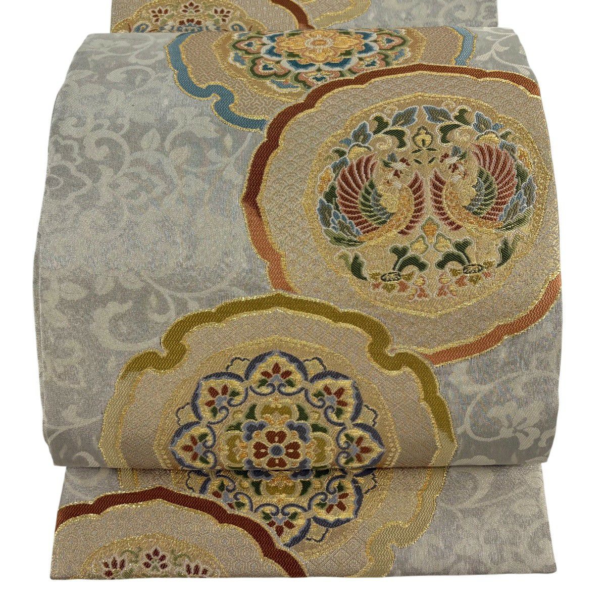 【美品】 袋帶 名品級 華紋 向鳥 金絲 金金箔 灰色 六通 純蠶絲