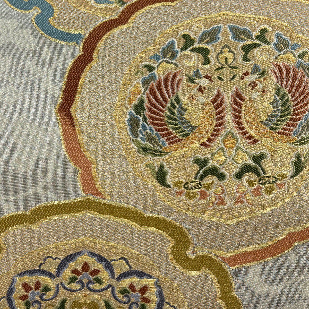 【美品】 袋帶 名品級 華紋 向鳥 金絲 金金箔 灰色 六通 純蠶絲