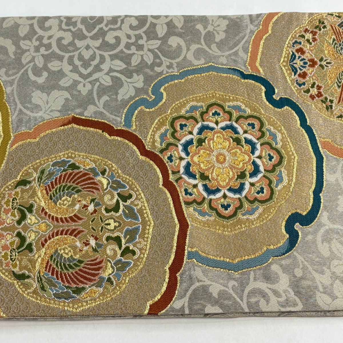 【美品】 袋帶 名品級 華紋 向鳥 金絲 金金箔 灰色 六通 純蠶絲