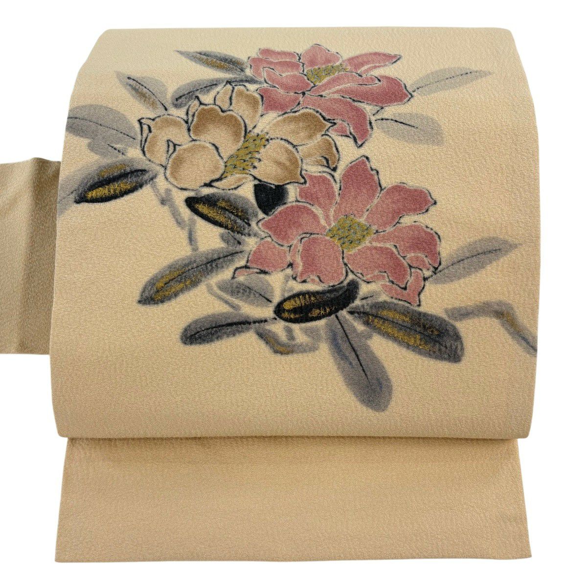 【美品】 名古屋帶 名品級 落款 草花紋紋 金彩裝飾 淺橙色 純蠶絲