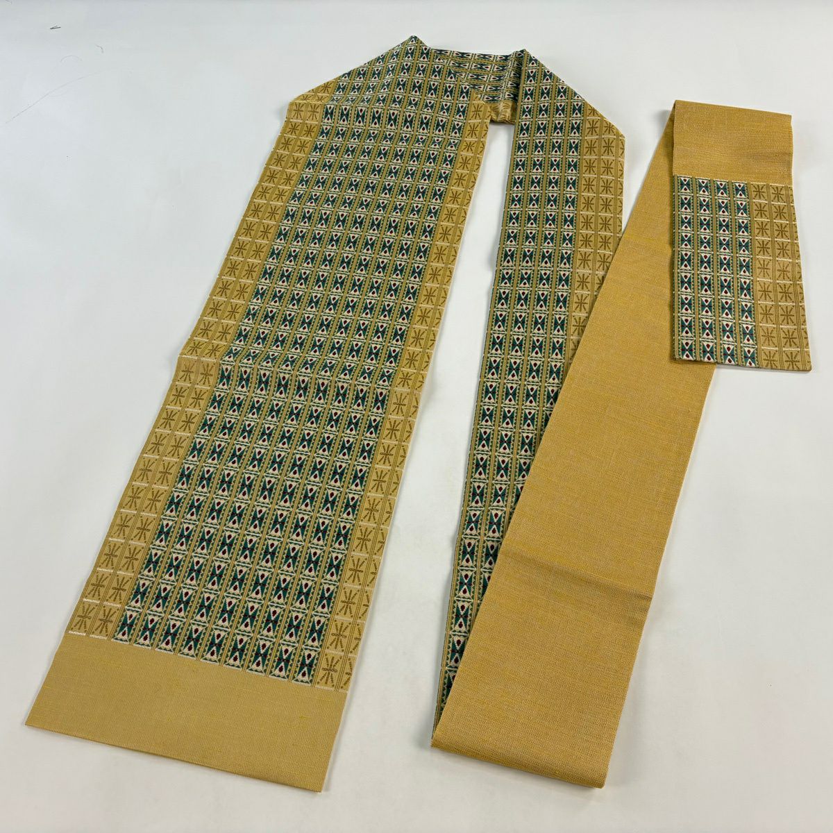 【美品】名古屋帶 名品級 條紋 幾何圖案 金金箔 米色 純蠶絲