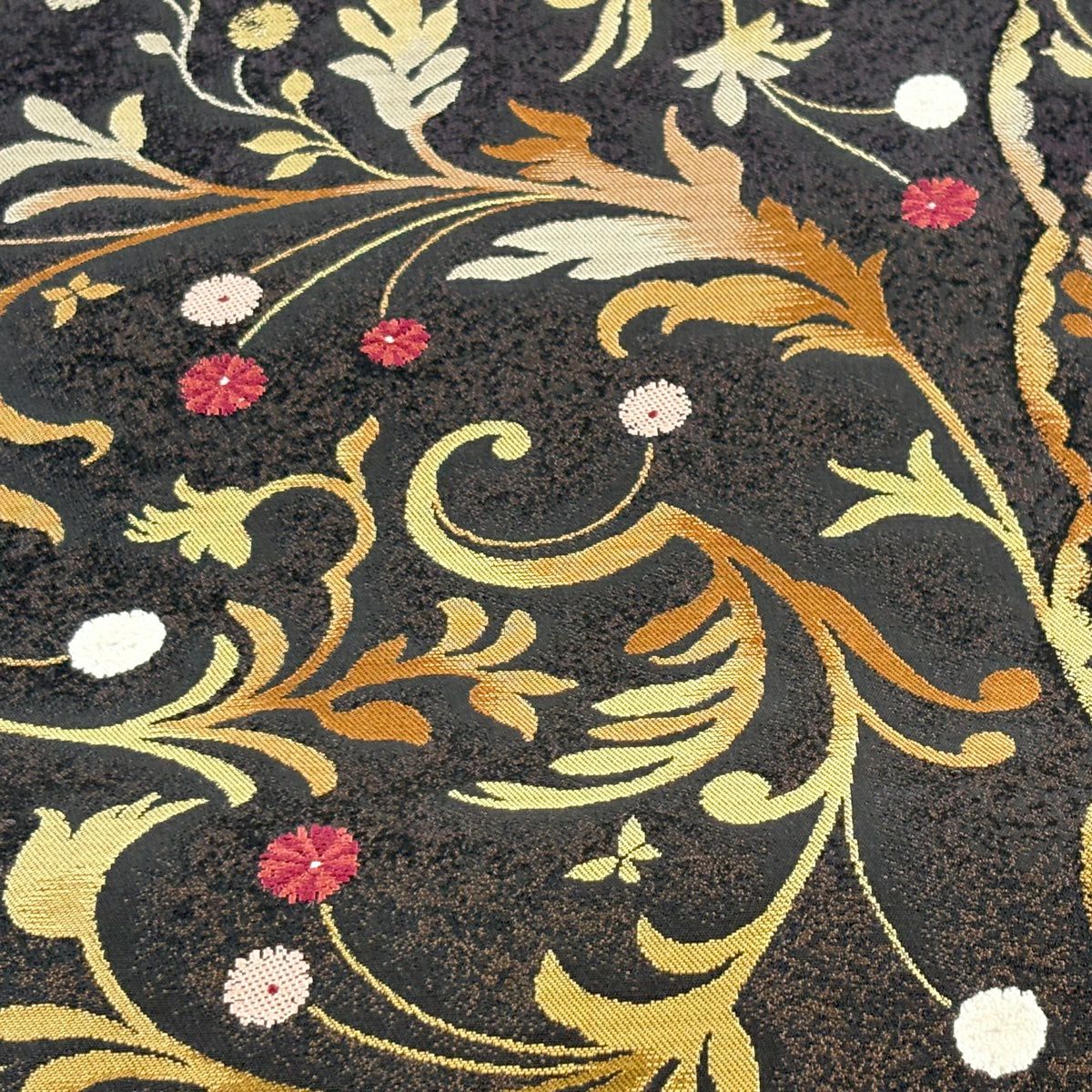 【美品】 袋帶 名品級 花唐草紋 焦茶 六通 純蠶絲