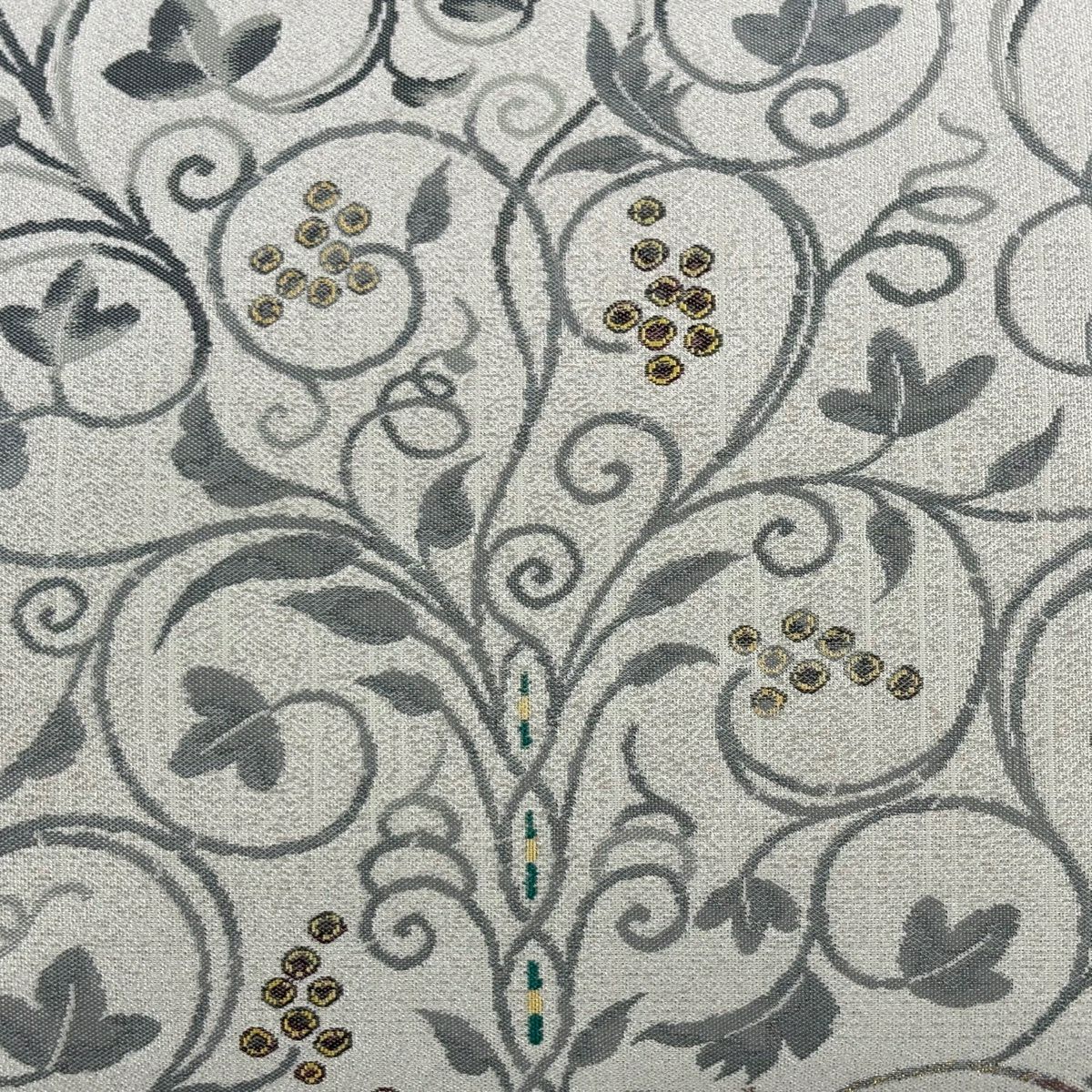 【美品】 袋帶 名品級 葡萄唐草紋 金銀彩 金金箔 灰紫 お太鼓柄 純蠶絲