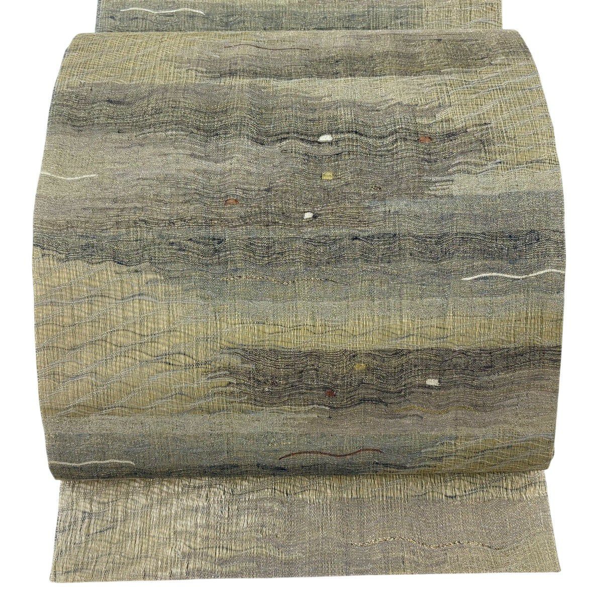 【美品】 袋帶 名品級 幾何學 金絲 金金箔 茶綠 六通 純蠶絲