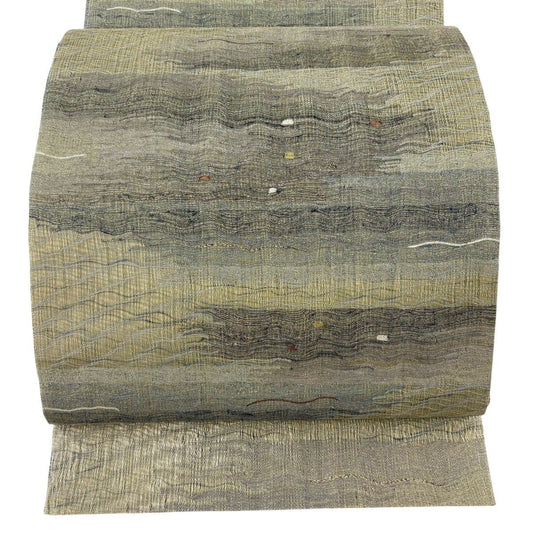 【美品】 袋帶 名品級 幾何學 金絲 金金箔 茶綠 六通 純蠶絲