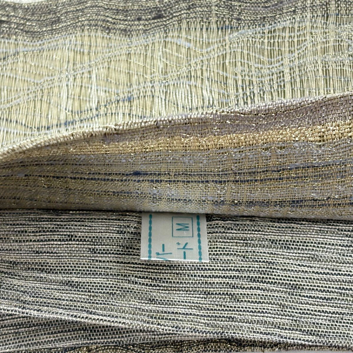 【美品】 袋帶 名品級 幾何學 金絲 金金箔 茶綠 六通 純蠶絲