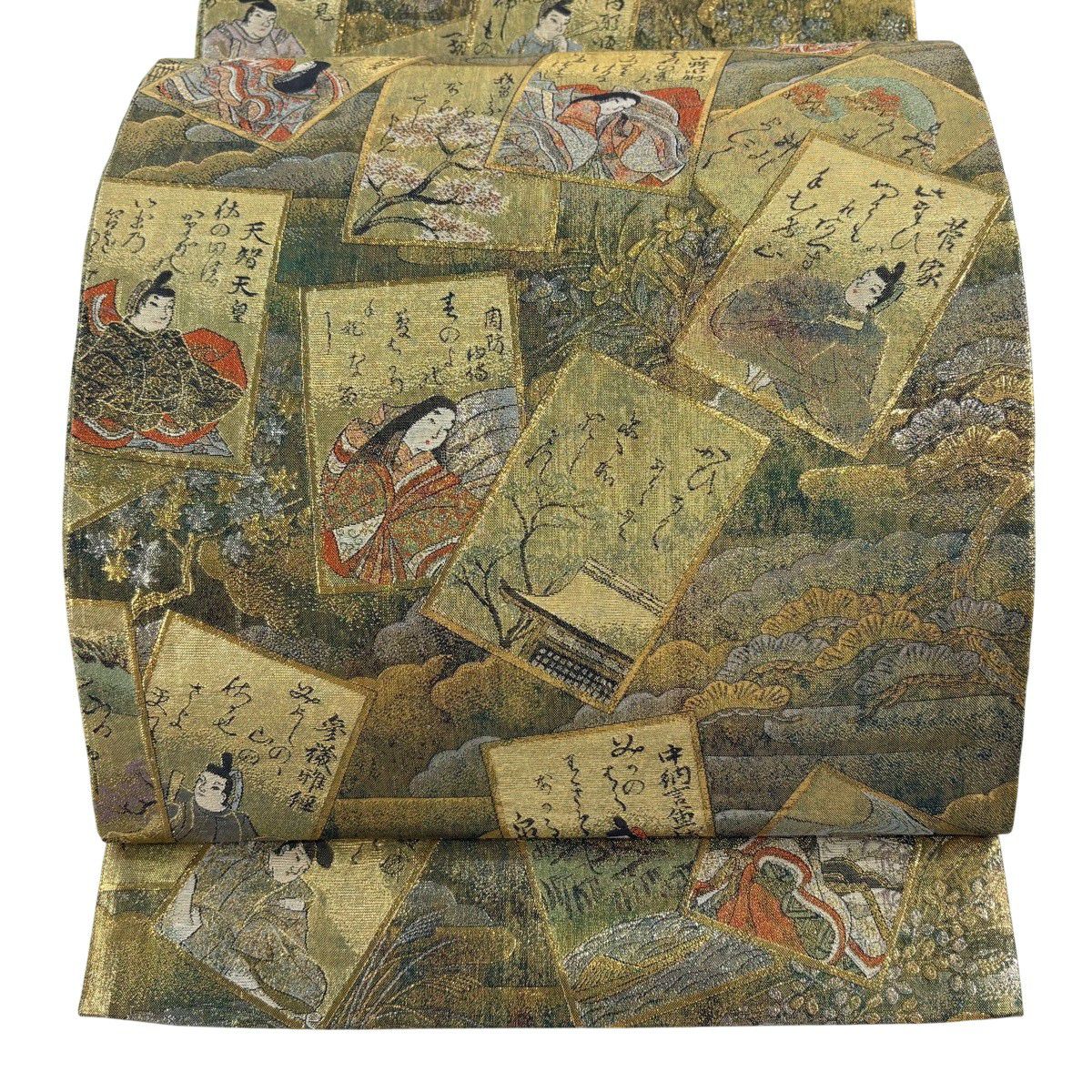 【美品】 袋帶 名品級 百人一首 樹木 金金箔 金色 大鼓圖案 純蠶絲
