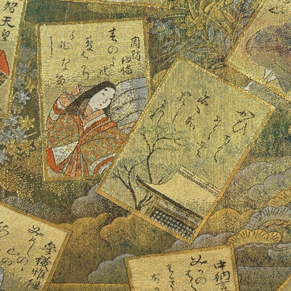 【美品】 袋帶 名品級 百人一首 樹木 金金箔 金色 大鼓圖案 純蠶絲