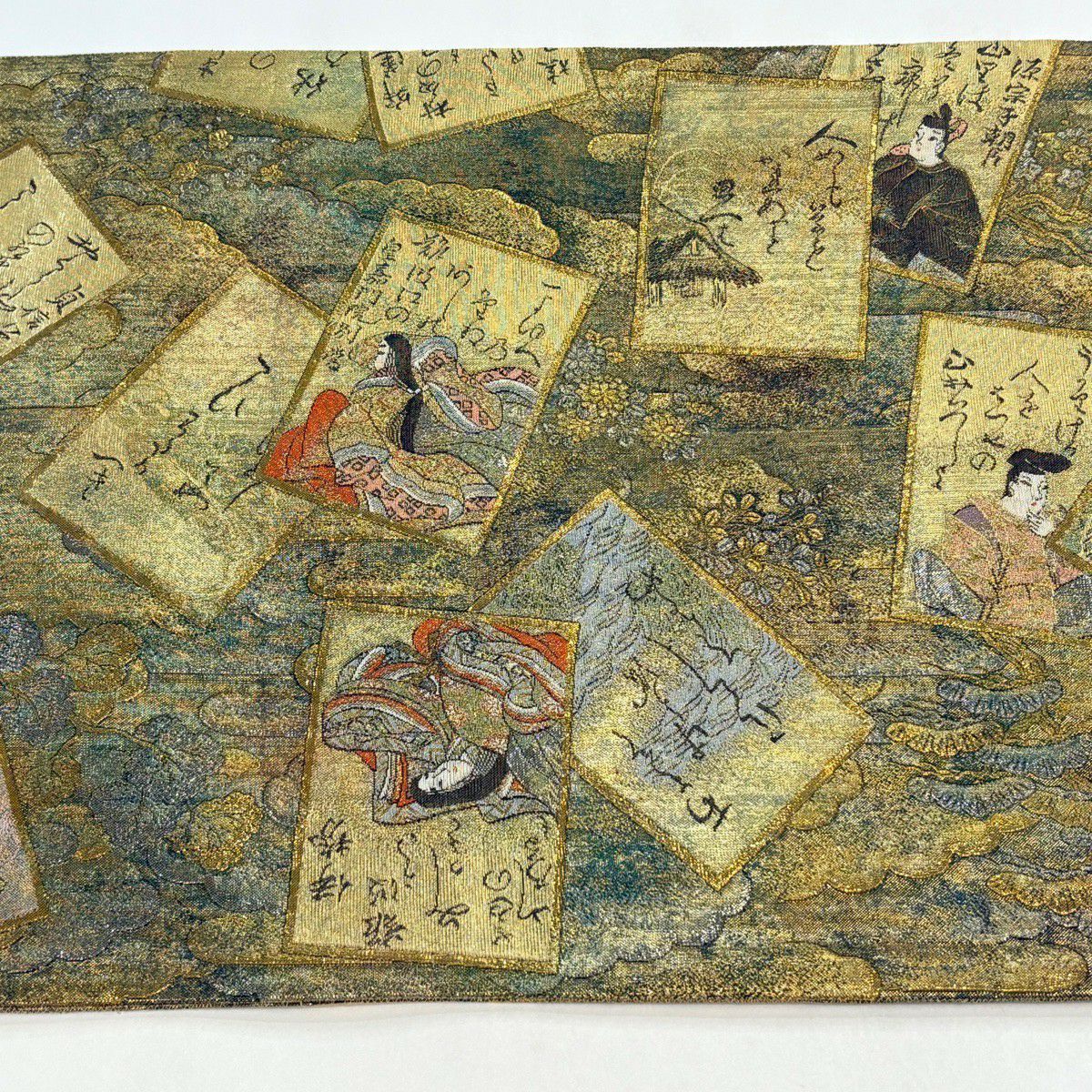 【美品】 袋帶 名品級 百人一首 樹木 金金箔 金色 大鼓圖案 純蠶絲