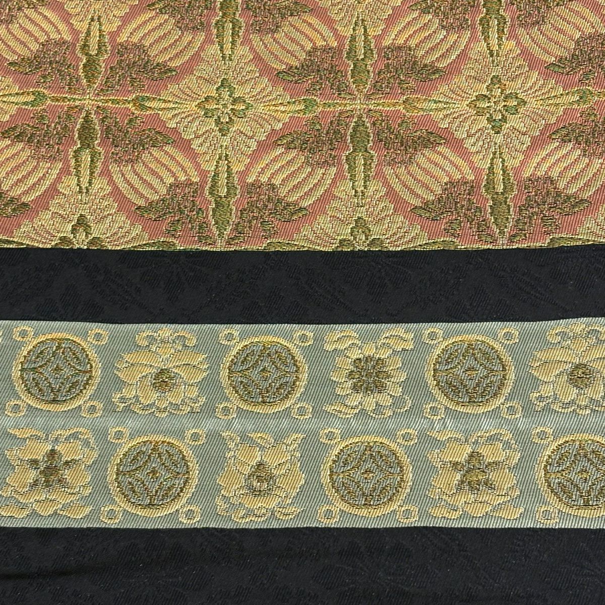 【美品】 袋帶 名品級 段紋 鳥襷 金絲 金金箔 黑 全通 純蠶絲