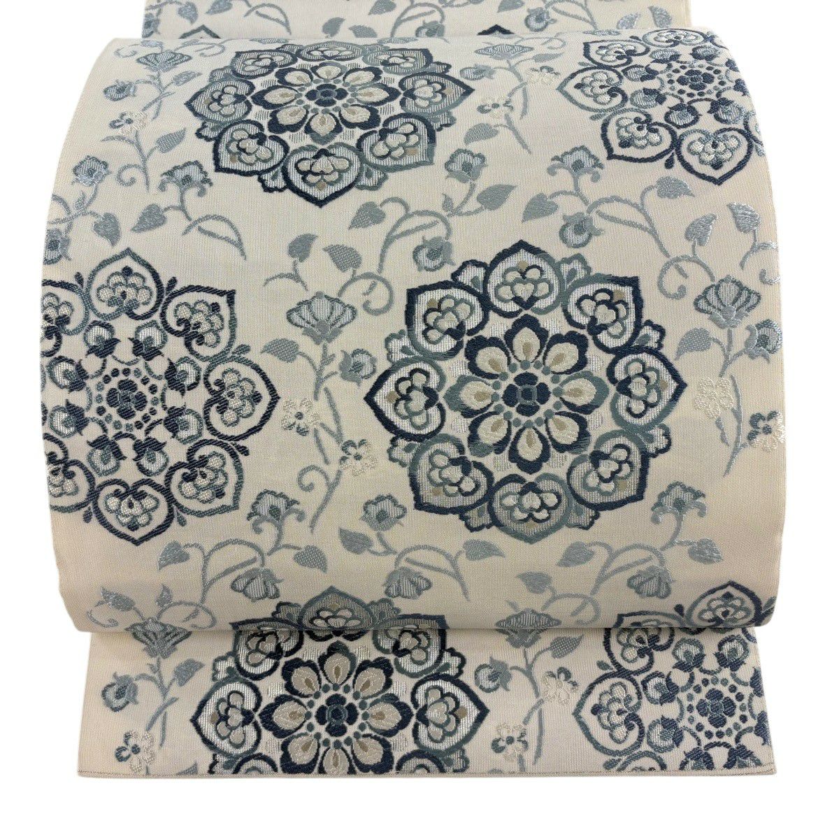 【美品】 袋帶 名品級 華紋 花唐草紋 灰白 六通 純蠶絲
