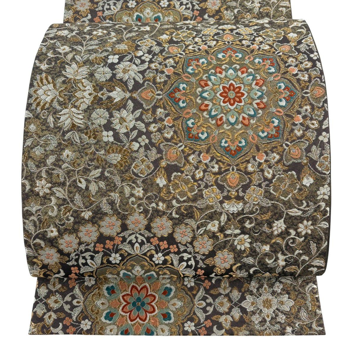 【美品】 袋帶 名品級 華紋 花唐草紋 金絲 金金箔 茶 六通 純蠶絲