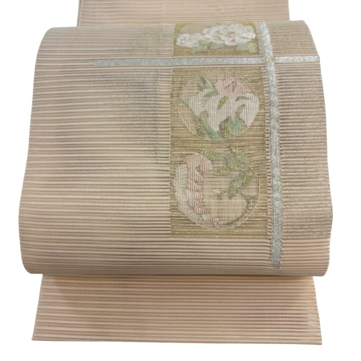 【美品】 名古屋帶 名品級 夏帶 八寸名古屋帶 松樹葉仕立 牡丹 藤 金銀彩 米色 純蠶絲