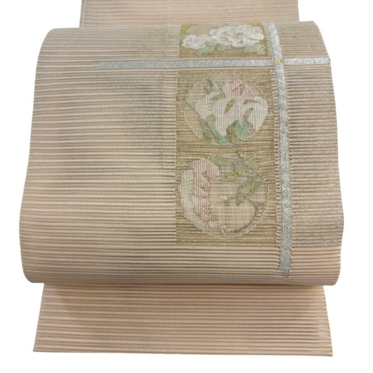 【美品】 名古屋帶 名品級 夏帶 八寸名古屋帶 松樹葉仕立 牡丹 藤 金銀彩 米色 純蠶絲