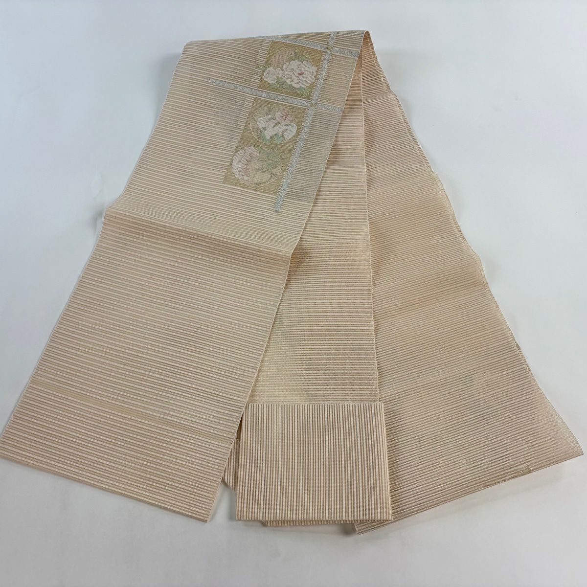 【美品】 名古屋帶 名品級 夏帶 八寸名古屋帶 松樹葉仕立 牡丹 藤 金銀彩 米色 純蠶絲