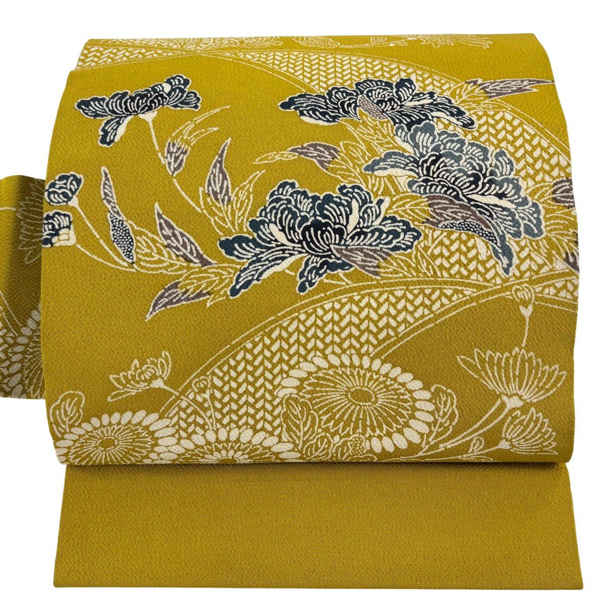 名古屋帶 名品級 草花紋 紬織織 芥末色 純蠶絲