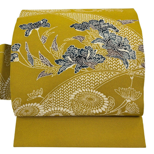 名古屋帶 名品級 草花紋 紬織織 芥末色 純蠶絲
