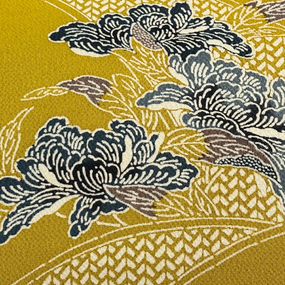 名古屋帶 名品級 草花紋 紬織織 芥末色 純蠶絲