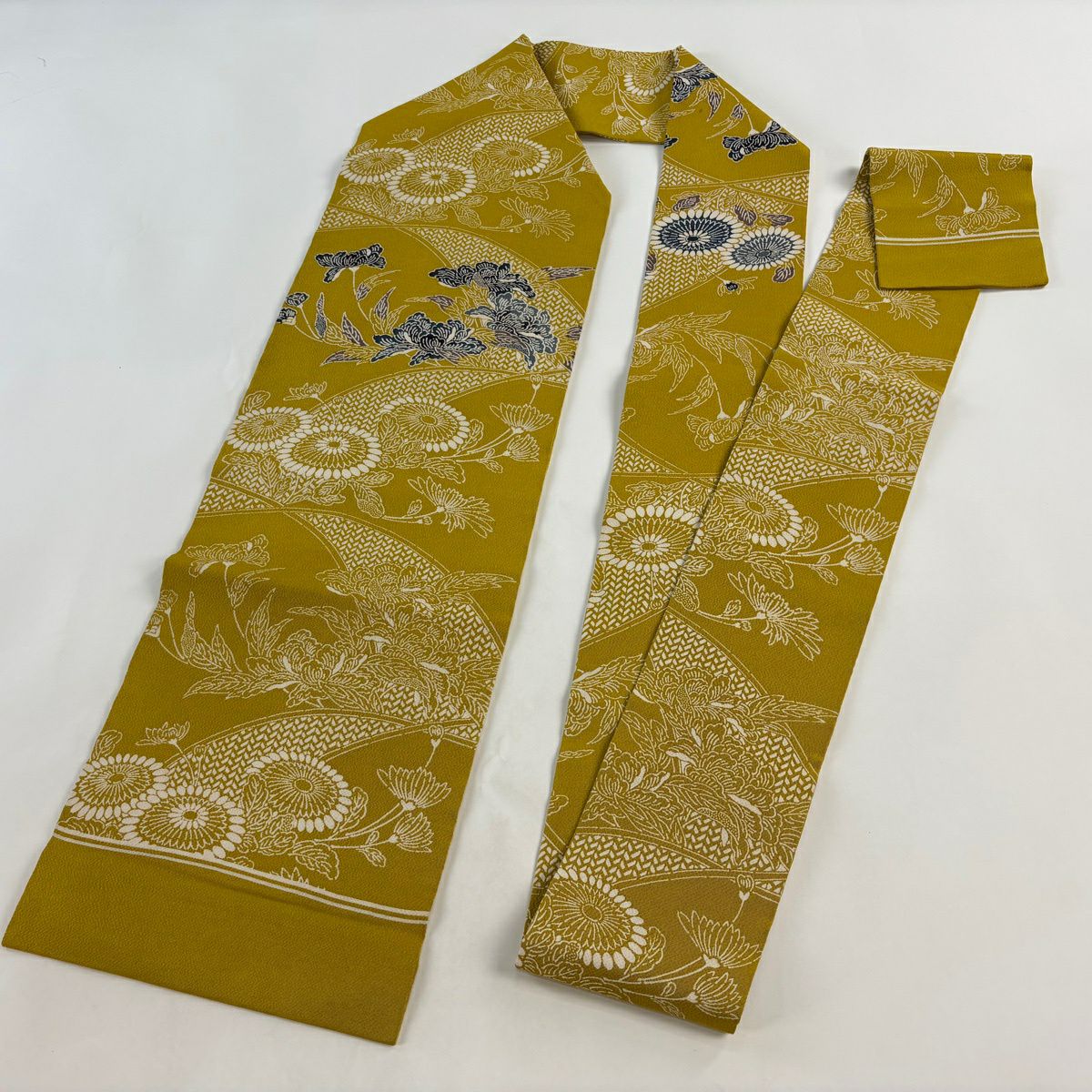 名古屋帶 名品級 草花紋 紬織織 芥末色 純蠶絲