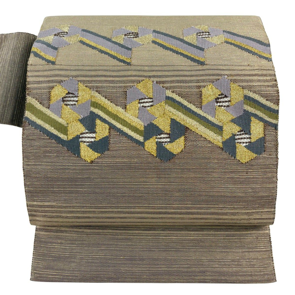 【美品】 名古屋帶 名品級 幾何圖案 條紋 金絲 米色 純蠶絲
