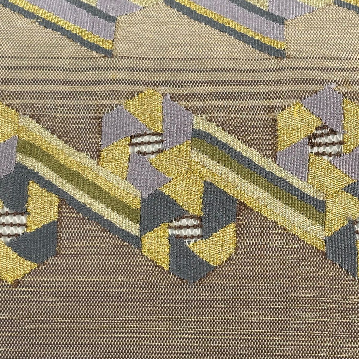 【美品】 名古屋帶 名品級 幾何圖案 條紋 金絲 米色 純蠶絲