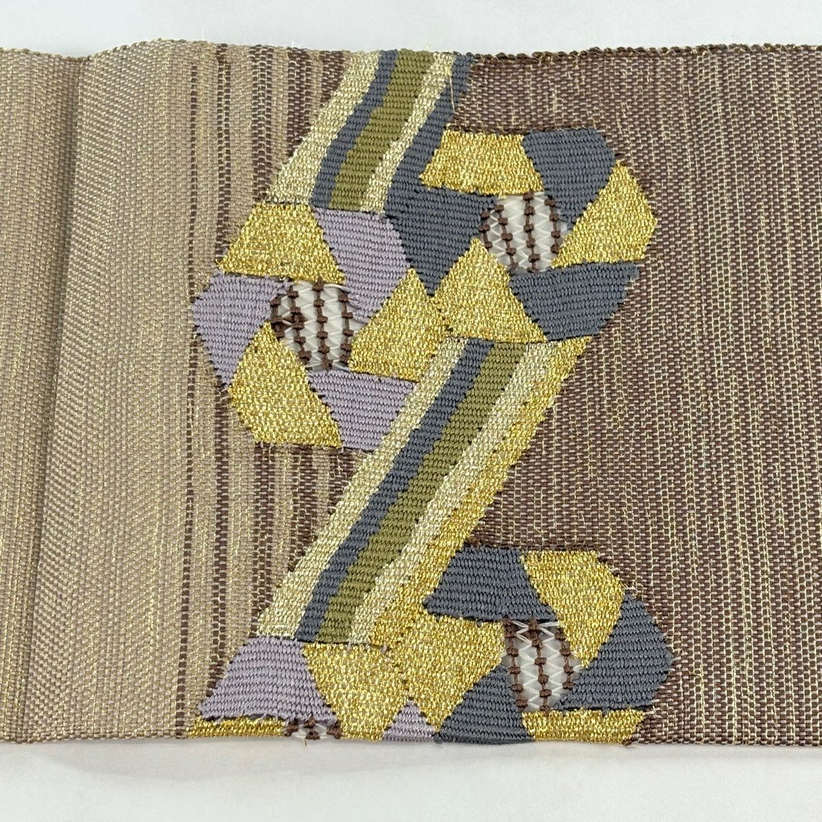 【美品】 名古屋帶 名品級 幾何圖案 條紋 金絲 米色 純蠶絲