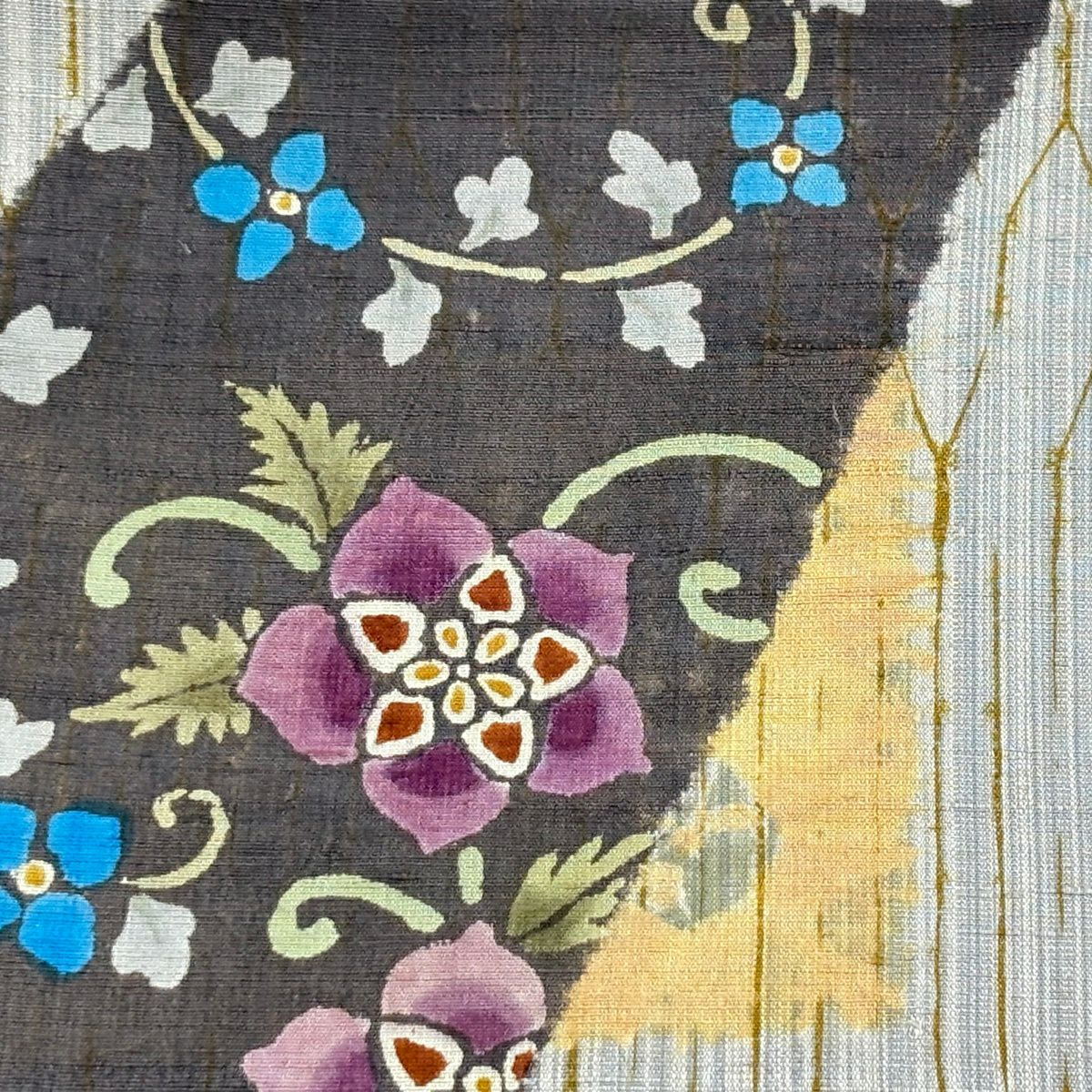 【美品】 袋帶 名品級 落款 草花紋 幾何圖案 灰白 純蠶絲