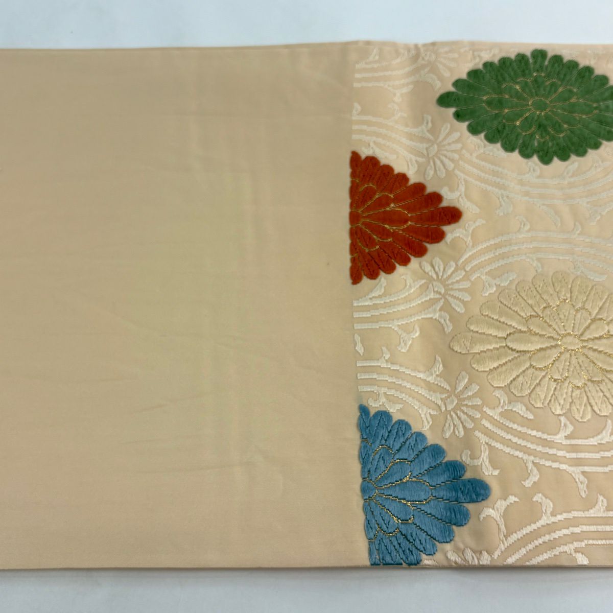 袋帶 名品級 菊花 金絲 唐織 米色 六通 純蠶絲