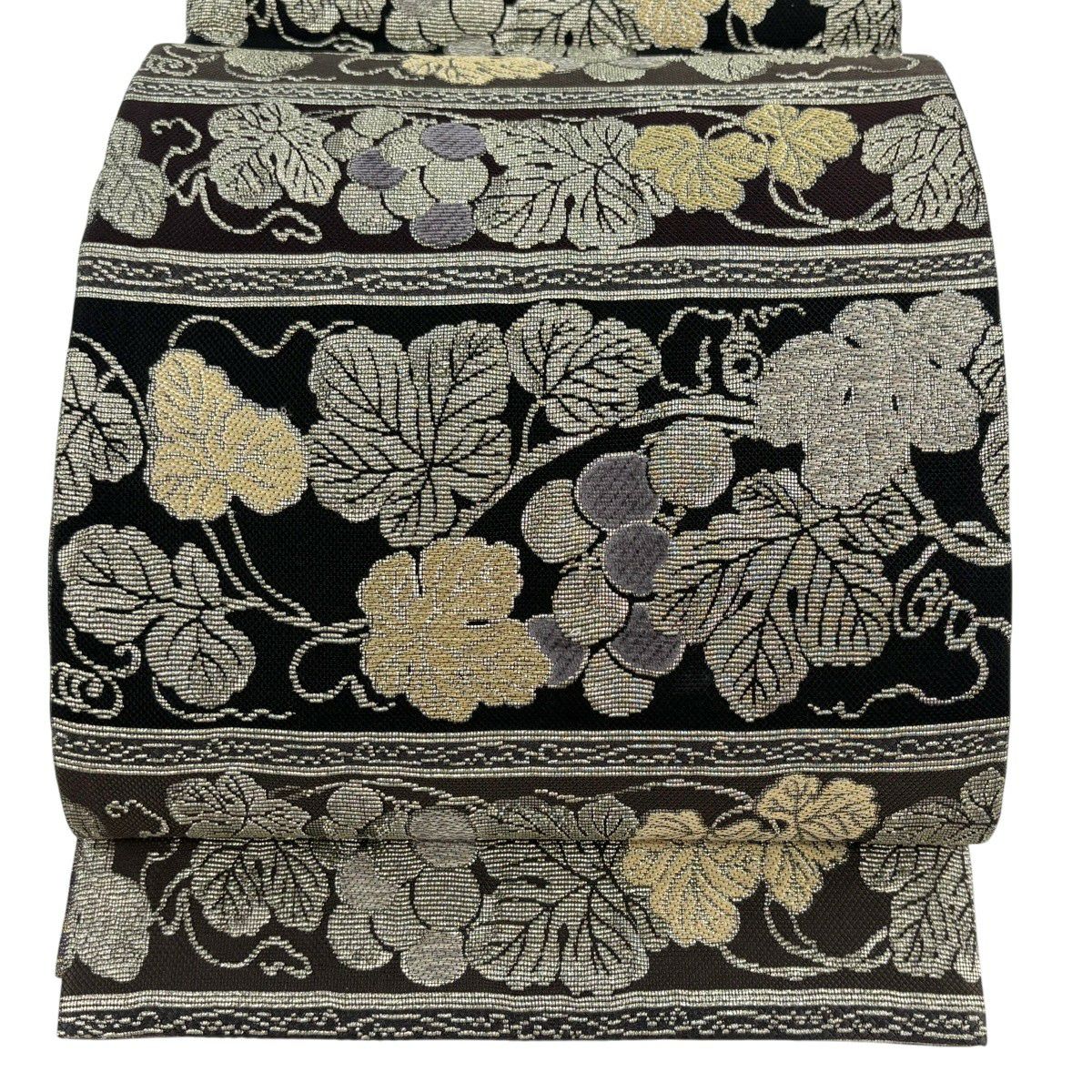 【美品】 袋帶 名品級 葡萄 縞 輪奈織 焦茶 六通 純蠶絲