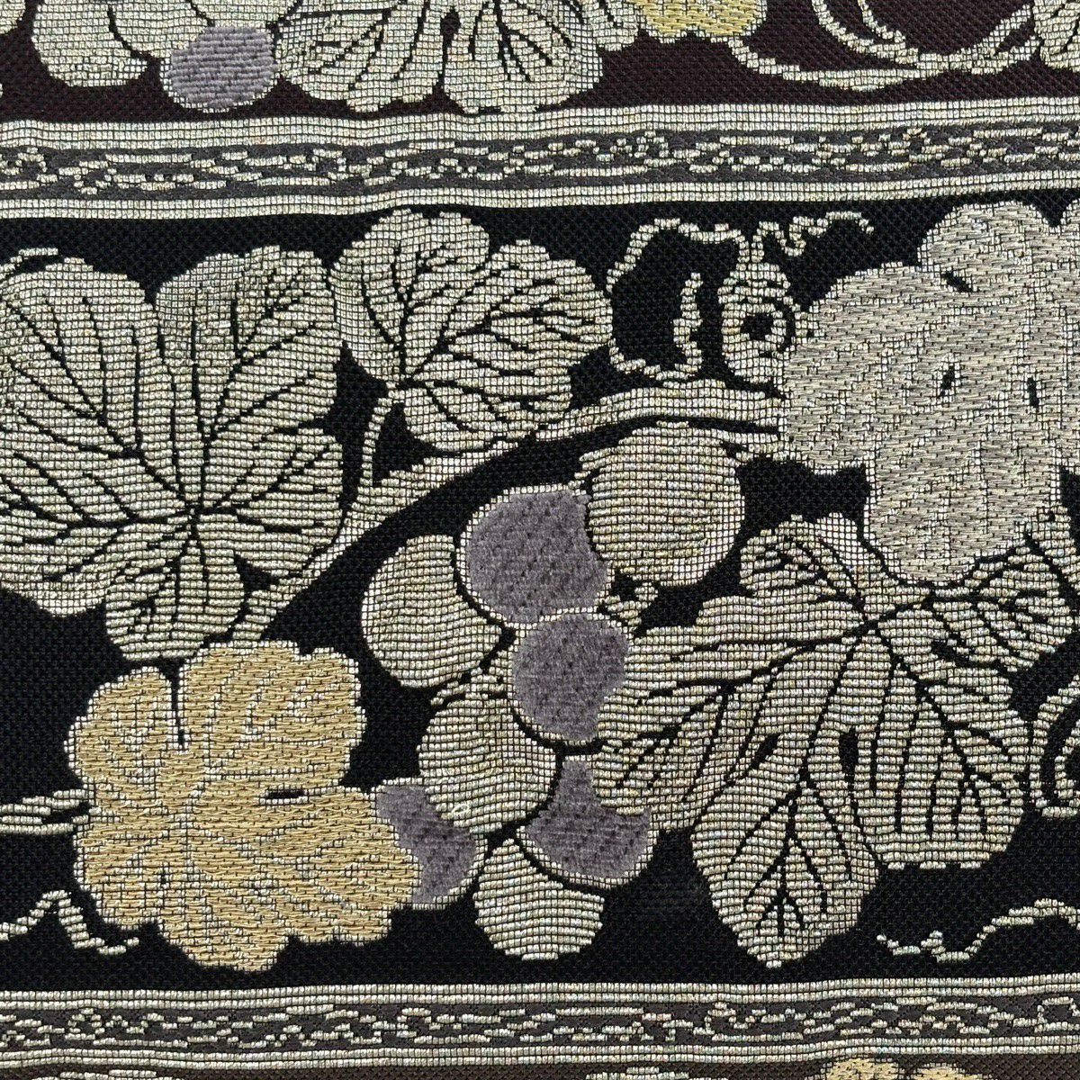 【美品】 袋帶 名品級 葡萄 縞 輪奈織 焦茶 六通 純蠶絲