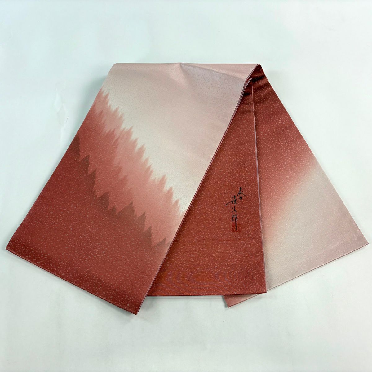 【美品】 袋帶 名品級 附落款 樹木 粉紅色 大鼓圖案 純蠶絲