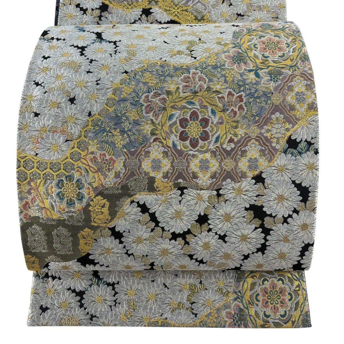 【美品】 袋帶 名品級 華紋 菊花 金金箔 黑 六通 純蠶絲