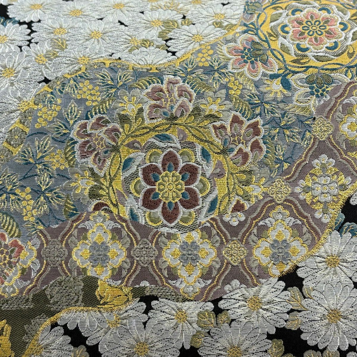 【美品】 袋帶 名品級 華紋 菊花 金金箔 黑 六通 純蠶絲