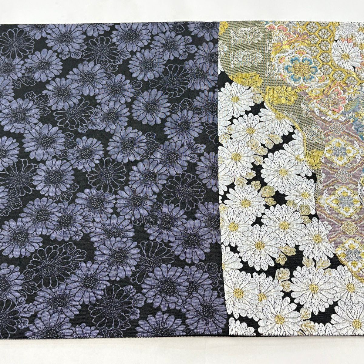 【美品】 袋帶 名品級 華紋 菊花 金金箔 黑 六通 純蠶絲