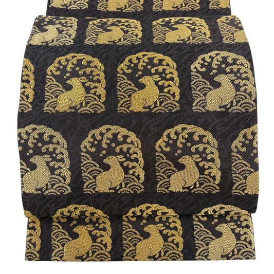 【美品】 袋帶 名品級 兔子 波 金絲 深紫 六通 純蠶絲