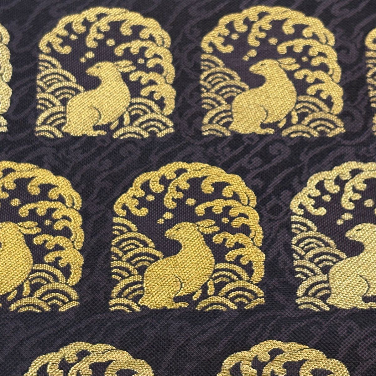 【美品】 袋帶 名品級 兔子 波 金絲 深紫 六通 純蠶絲