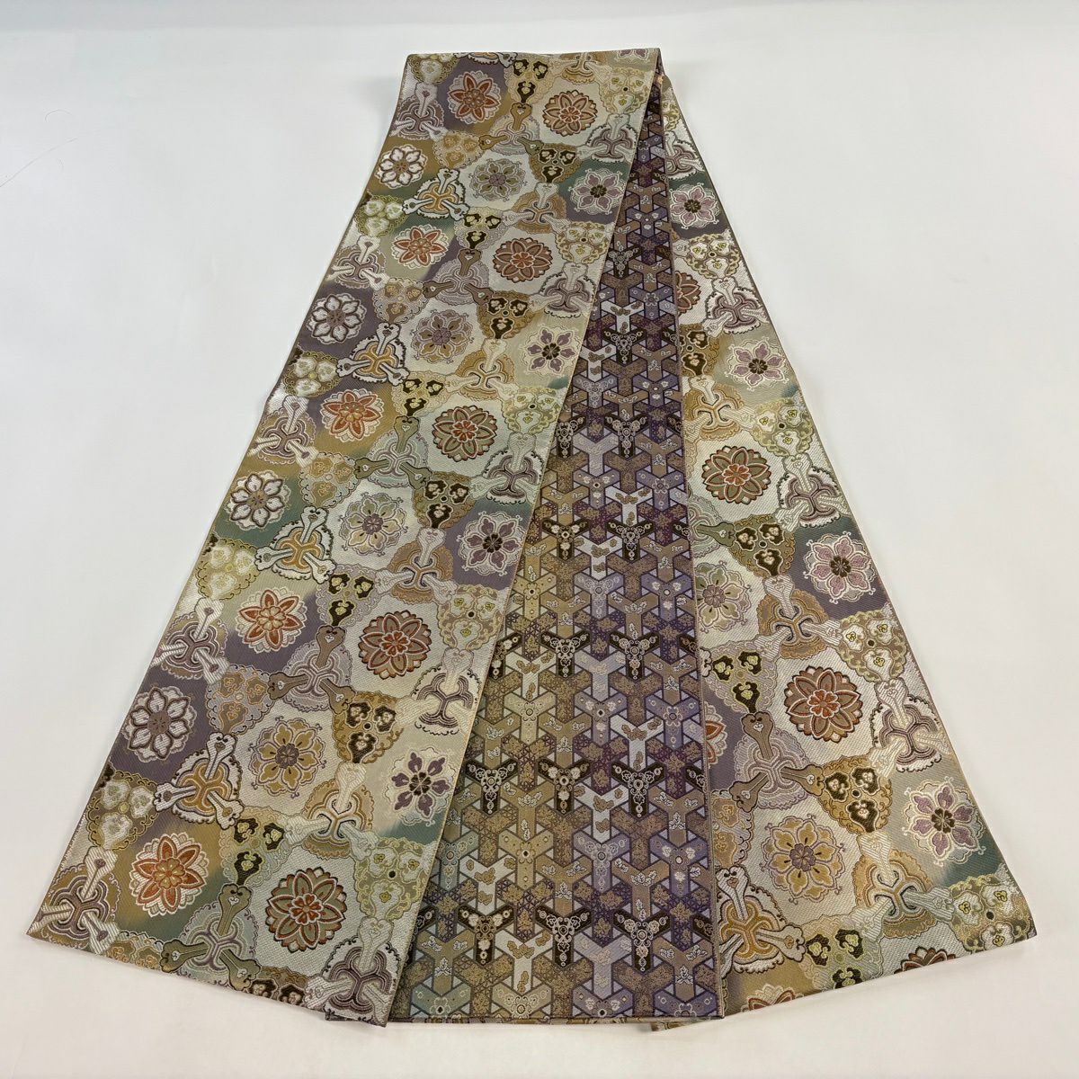 【美品】 袋帶 名品級 華紋 金金箔 灰白 全通 純蠶絲
