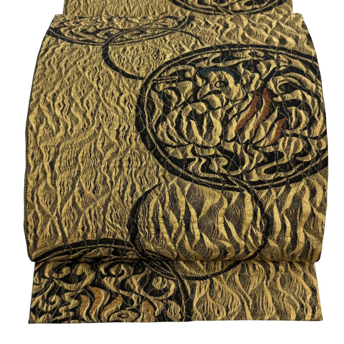 【美品】 袋帶 名品級 圓文 鳥 金絲 黑 全通 純蠶絲