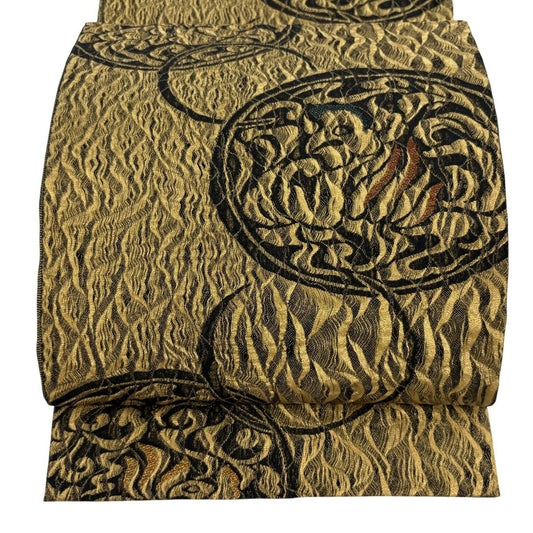 【美品】 袋帶 名品級 圓文 鳥 金絲 黑 全通 純蠶絲